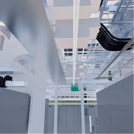 3D architectural model showing a ceiling with exposed ductwork and structural beams in a modern building interior.