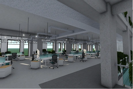 Modern open-plan office with multiple desks, office chairs, large windows, and hanging ceiling lights.