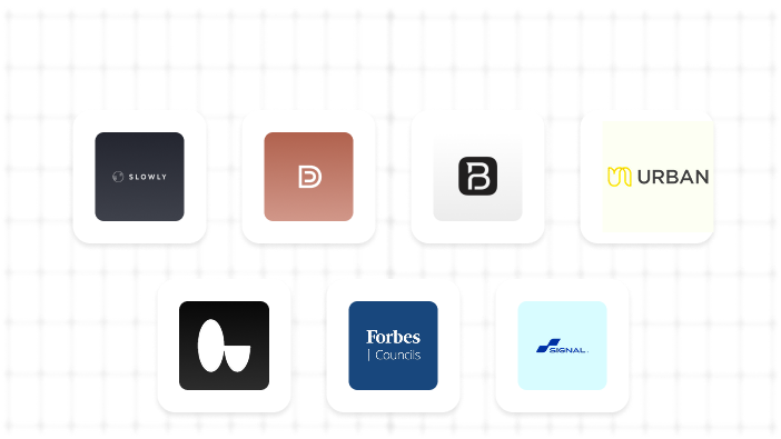 Grid layout displaying seven company logos, including Slowly, Urban, Forbes Councils, and Signal.