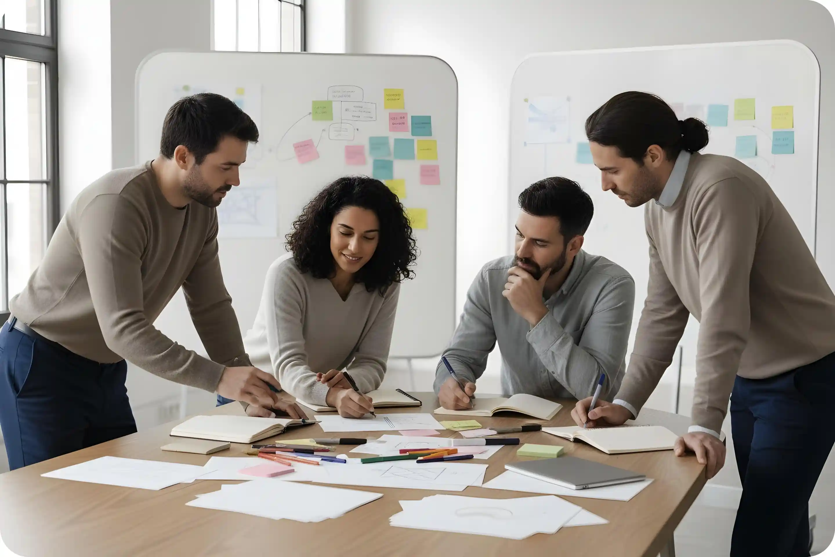 Four people sitting around a conference table with laptops in a modern office meeting room.