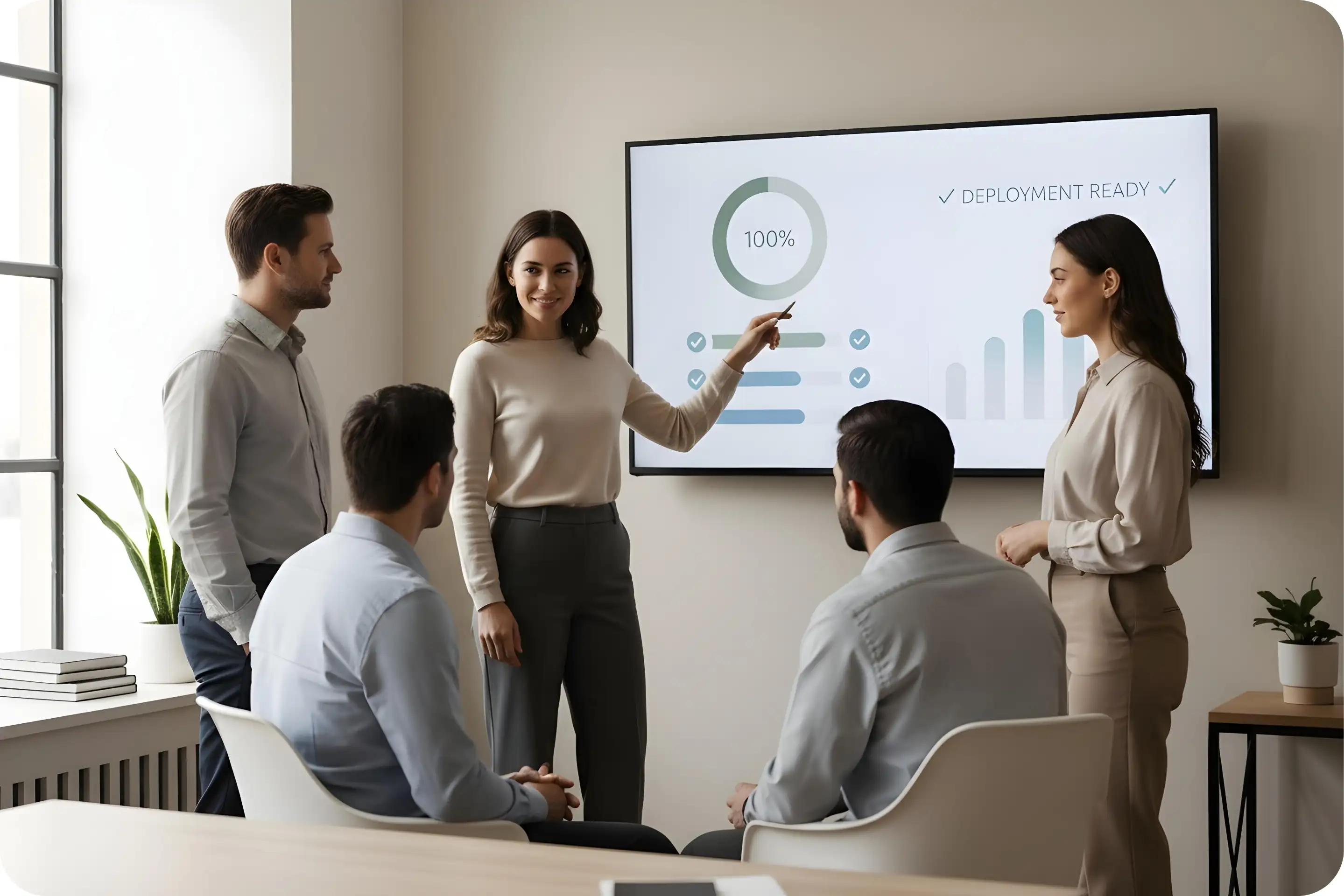 Open laptop on a reflective table displaying a dashboard with graphs, charts, and user statistics.