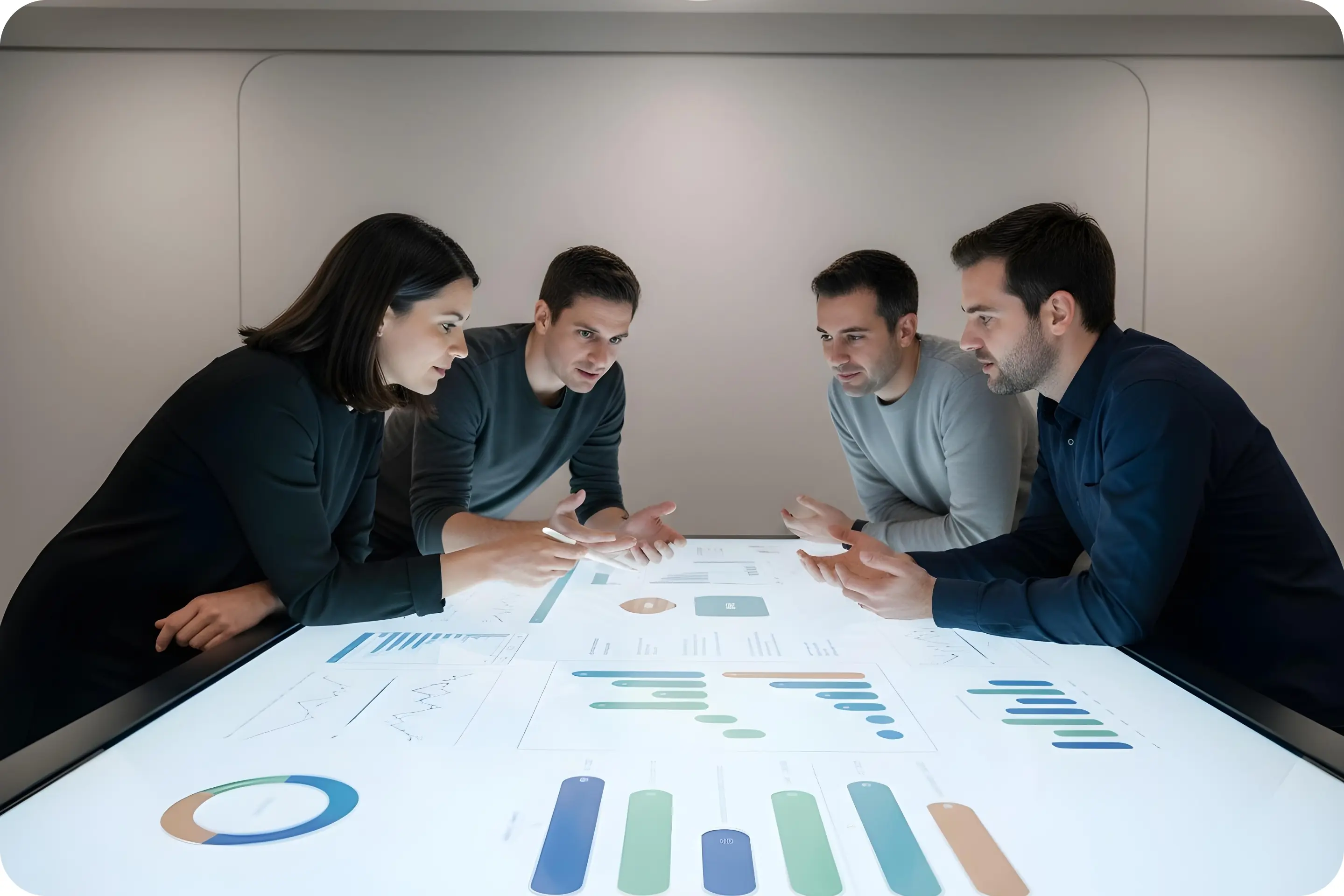 Person organizing white paper notes on a table with colorful sticky notes and a cup holding pens and scissors.