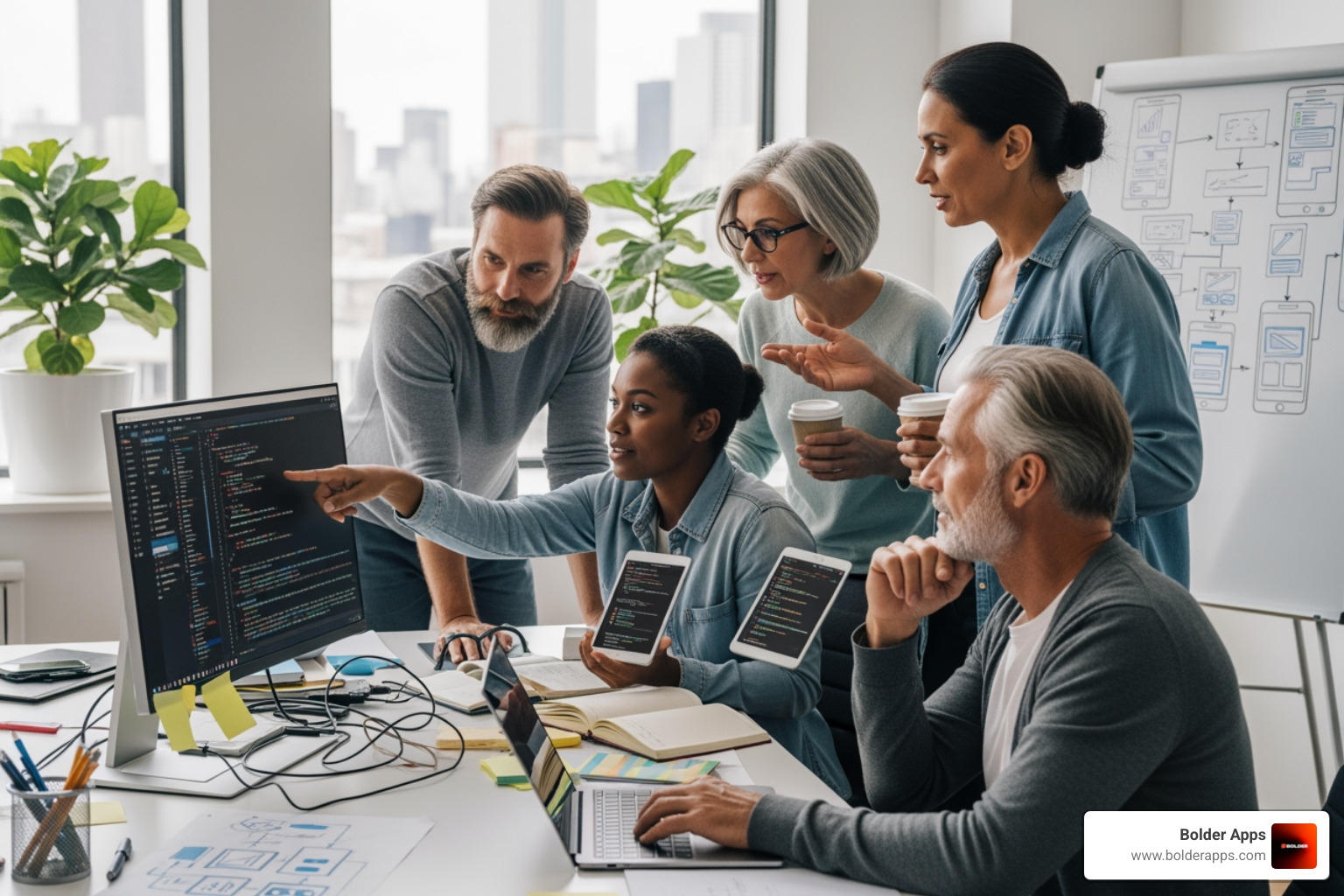 complex mobile app UI displayed across multiple devices (phone, tablet, wearable) - senior app developers