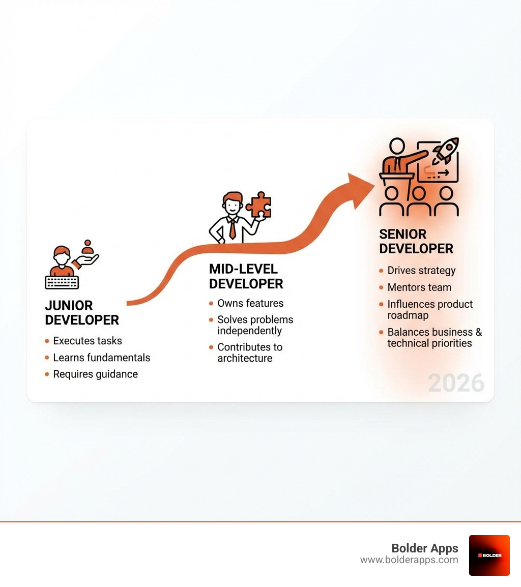 infographic showing the progression from junior developer (executes tasks, learns fundamentals, requires guidance) to mid-level developer (owns features, solves problems independently, contributes to architecture) to senior developer (drives strategy, mentors team, influences product roadmap, balances business and technical priorities) - senior app developers infographic 