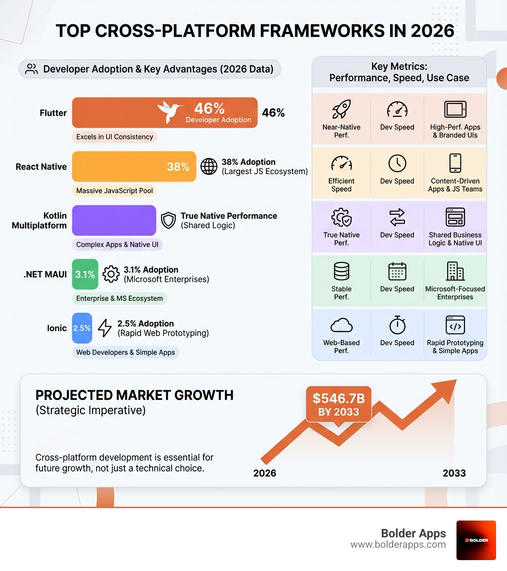 Infographic comparing the top cross-platform frameworks in 2026: Flutter leads with 46% developer adoption and excels in UI consistency; React Native follows at 38% with the largest JavaScript ecosystem; Kotlin Multiplatform offers true native performance with shared business logic; .NET MAUI serves 3.1% of engineers in Microsoft-focused enterprises; Ionic captures 2.5% with rapid web-based prototyping. The chart shows projected market growth to $546.7B by 2033, with key metrics for performance, development speed, and ideal use cases for each framework. - Top Cross-Platform App Development Frameworks in 2026 infographic 