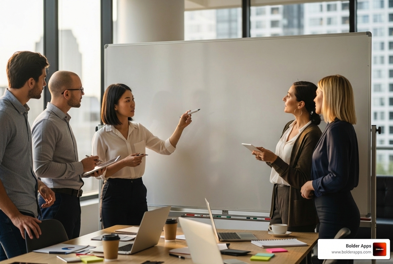 A collaborative workshop with strategists and developers mapping out a project on a whiteboard - Top 10 Mobile App Development Companies in NYC 2026: Why Bolder Apps is the New Standard for High-Velocity ROI
