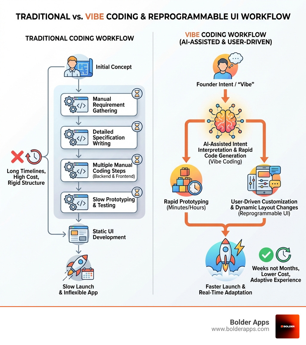 Infographic comparing traditional coding workflow with multiple manual steps versus Vibe Coding workflow showing AI-assisted intent interpretation, rapid prototyping, and user-driven customization with Reprogrammable UI allowing dynamic layout changes - Best App Developers in Philadelphia 2026: Comparing the Top 10 Firms for Vibe Coding and Reprogrammable UI infographic Infographic comparing traditional coding workflow with multiple manual steps versus Vibe Coding workflow showing AI-assisted intent interpretation, rapid prototyping, and user-driven customization with Reprogrammable UI allowing dynamic layout changes - Best App Developers in Philadelphia 2026: Comparing the Top 10 Firms for Vibe Coding and Reprogrammable UI infographic