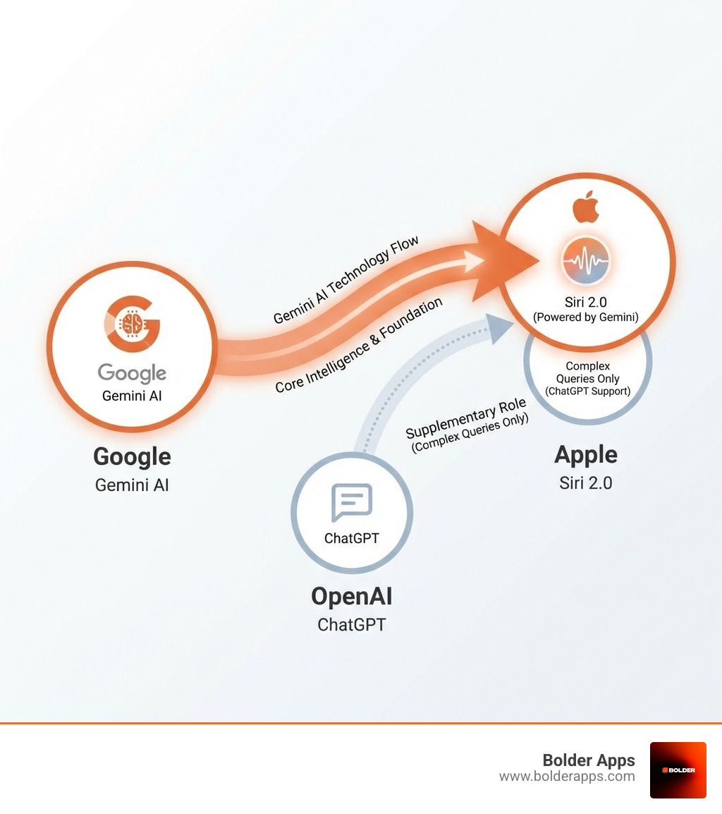 Infographic showing three circles labeled Apple, Google, and OpenAI, with arrows depicting Gemini AI technology flowing from Google to Apple, powering Siri 2.0, while OpenAI's ChatGPT moves to a smaller supplementary role for complex queries only - The End of the Siri-OpenAI Era? Everything You Need to Know About the Apple-Google Gemini Pact infographic 