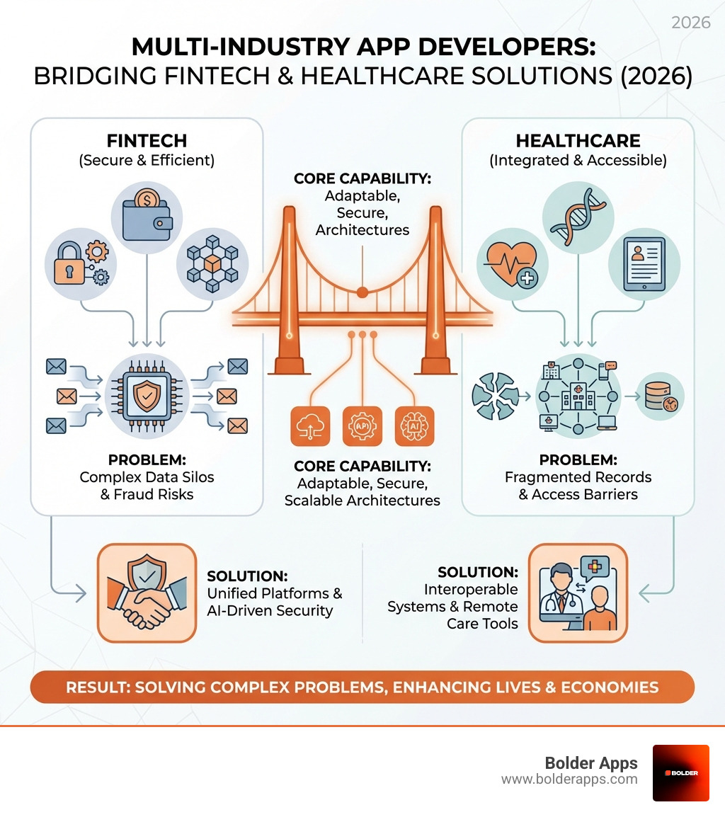 infographic showing virtual care market growth reaching $8.86B in 2026 with 32.38% CAGR, 78% of patients preferring digital tools, doctors spending 34% of time on admin tasks, and AI reducing readmissions by 20% - "From Fintech to Healthcare: How the 8 Best Multi-Industry App Developers are Solving Complex Problems in 2026" infographic 4_facts_emoji_light-gradient