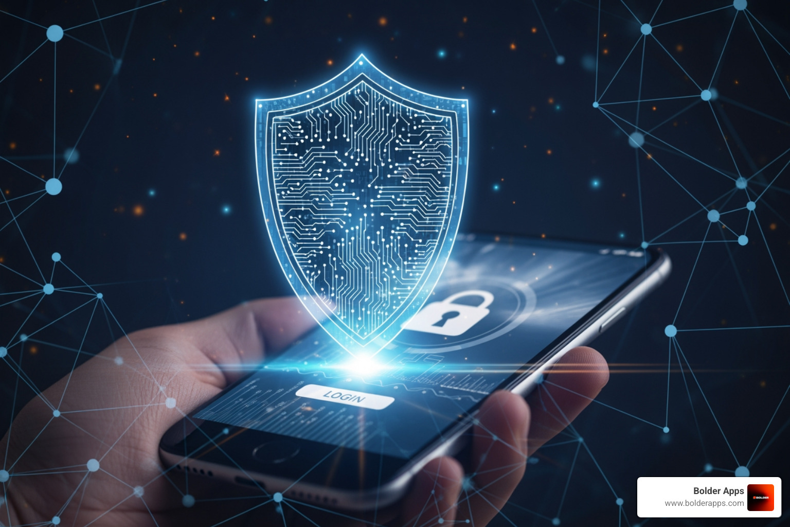 of a digital shield protecting a mobile app from threats. - ongoing app support