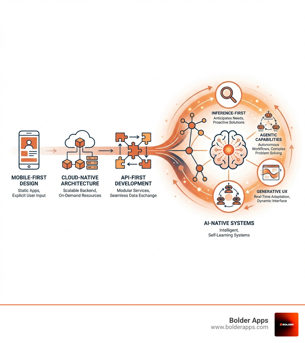 Evolution from mobile-first to AI-first application development showing the transition from static apps to intelligent, self-learning systems with key milestones including cloud-native architecture, mobile-first design, API-first development, and finally AI-native systems with agentic capabilities - Application Development in 2026: The Ultimate Guide to the AI-First Era infographic Evolution from mobile-first to AI-first application development showing the transition from static apps to intelligent, self-learning systems with key milestones including cloud-native architecture, mobile-first design, API-first development, and finally AI-native systems with agentic capabilities - Application Development in 2026: The Ultimate Guide to the AI-First Era infographic