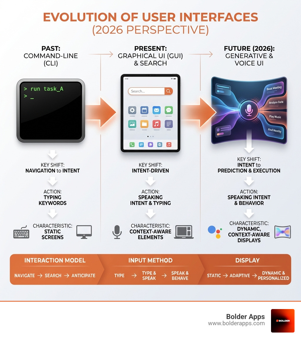 infographic showing the evolution from command-line interfaces to GUI with search bars to modern Generative UI and Voice-based interfaces, highlighting key transitions like the shift from navigation to intent, from typing to speaking, and from static screens to dynamic context-aware displays - The Death of the Search Bar: Why Generative UI and Voice-Based UX are Dominating 2026 Apps infographic 