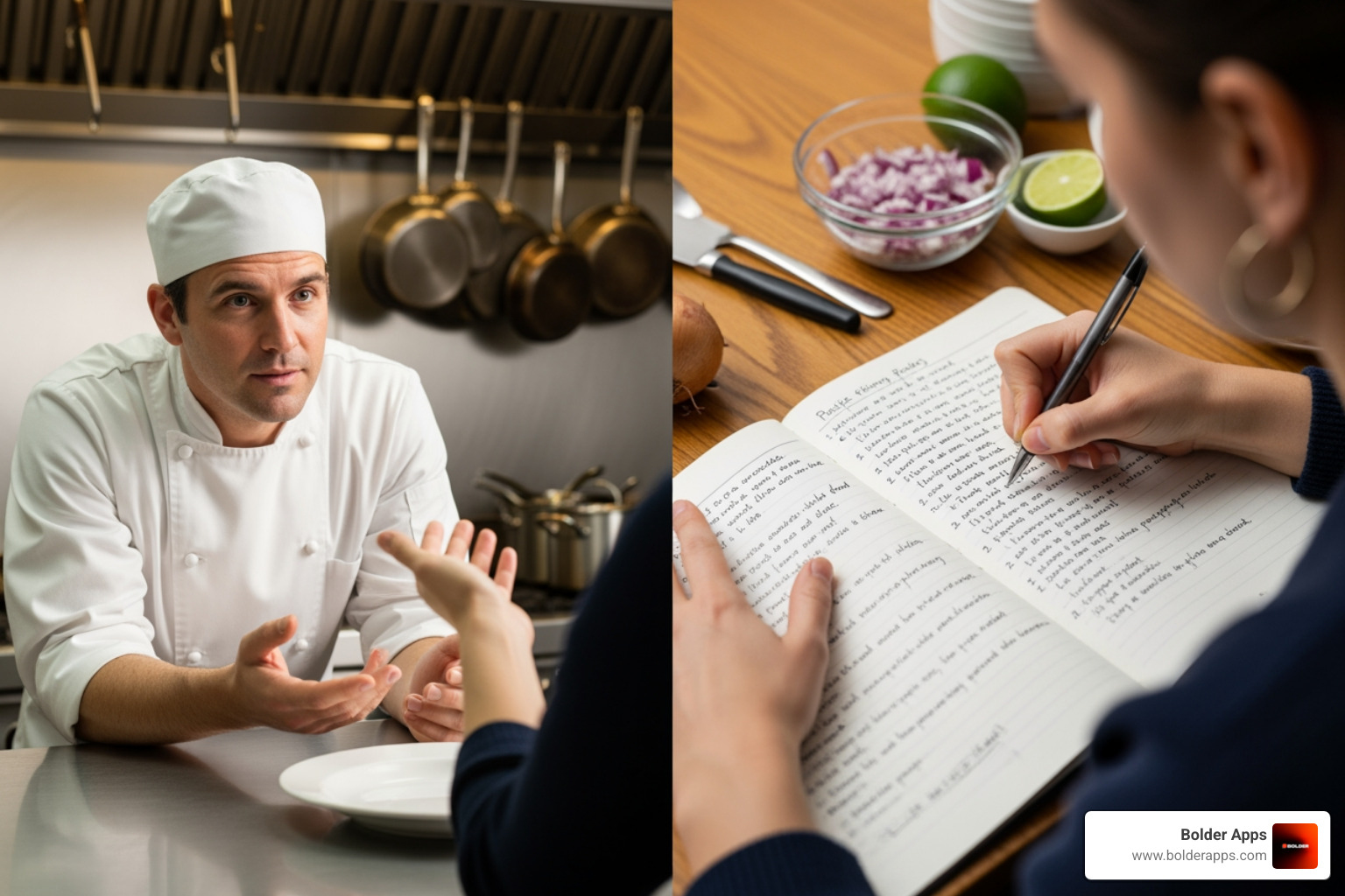 illustrating the concept of describing a dish to a chef (vibe coding) vs. writing the full recipe (traditional coding) - Vibe Coding for Founders: How Natural Language Programming is Changing the 2026 Development Lifecycle"