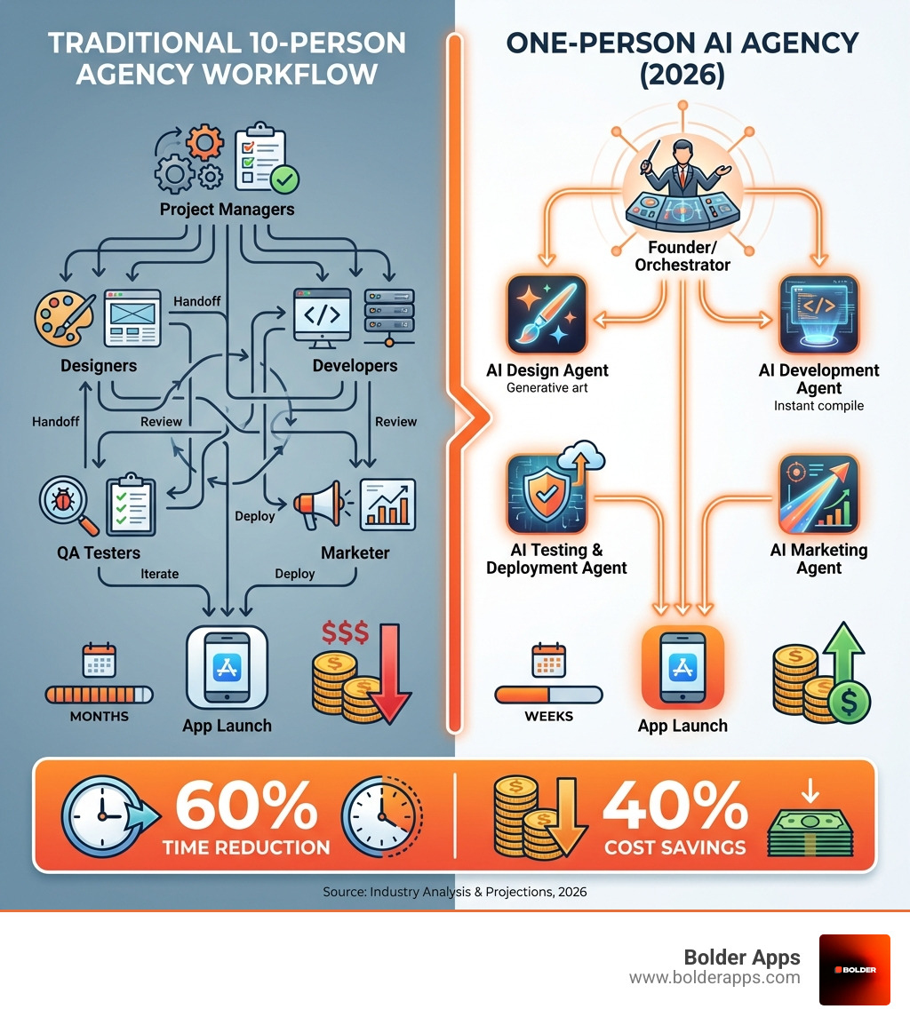 infographic showing traditional 10-person agency workflow with designers, developers, project managers, QA testers, and marketers compared to one-person agency workflow with a single founder orchestrating AI agents for design, development, testing, deployment, and marketing, highlighting 60% time reduction and 40% cost savings - The Rise of the "One-Person Agency": How AI Agents are Democratizing App Development in 2026 infographic 