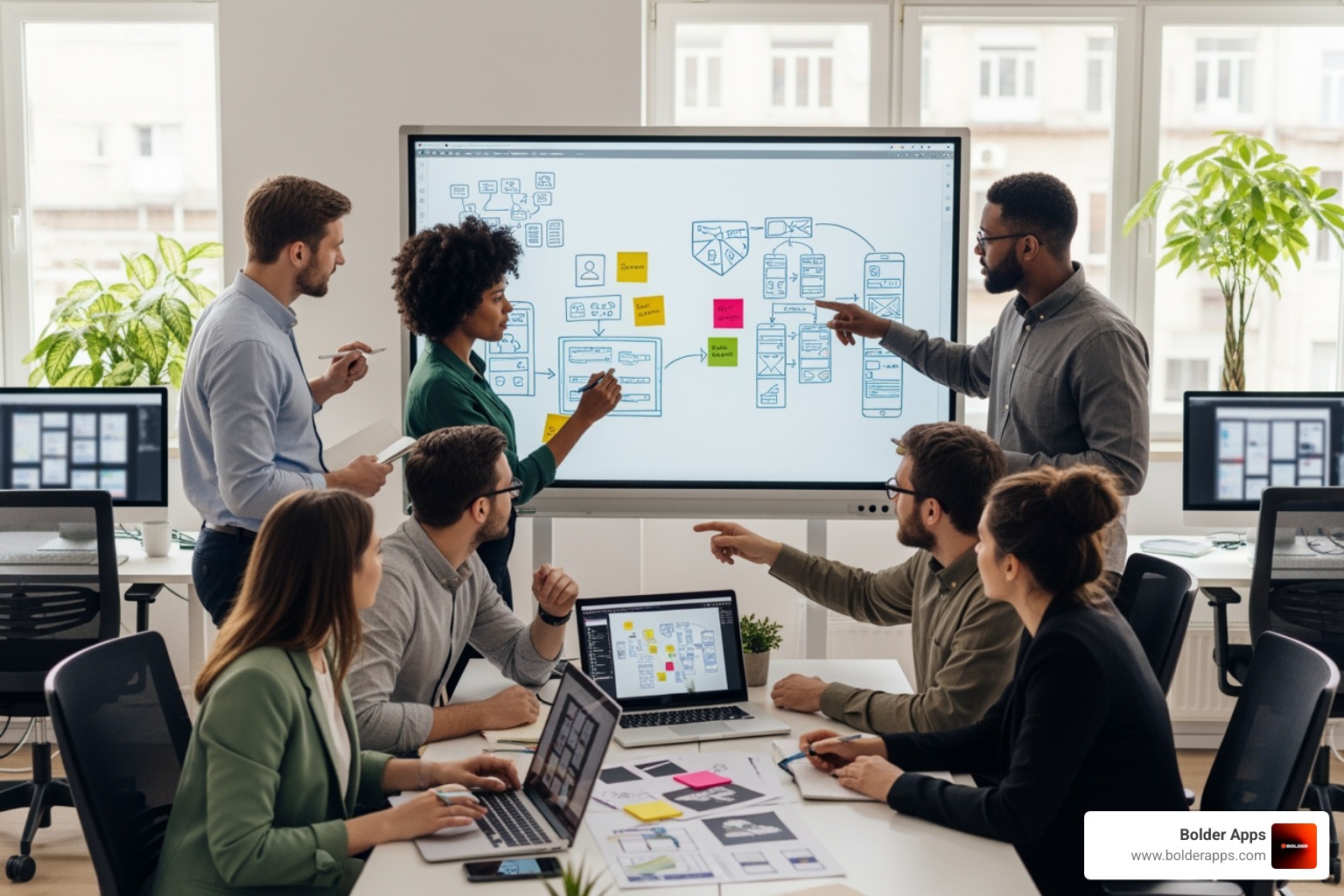 A diverse team collaborating on a UI/UX design on a whiteboard - app development boulder