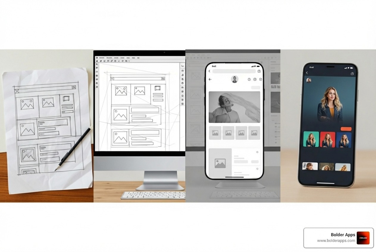 showing the evolution from a hand-drawn wireframe to a polished app screen - app development boulder