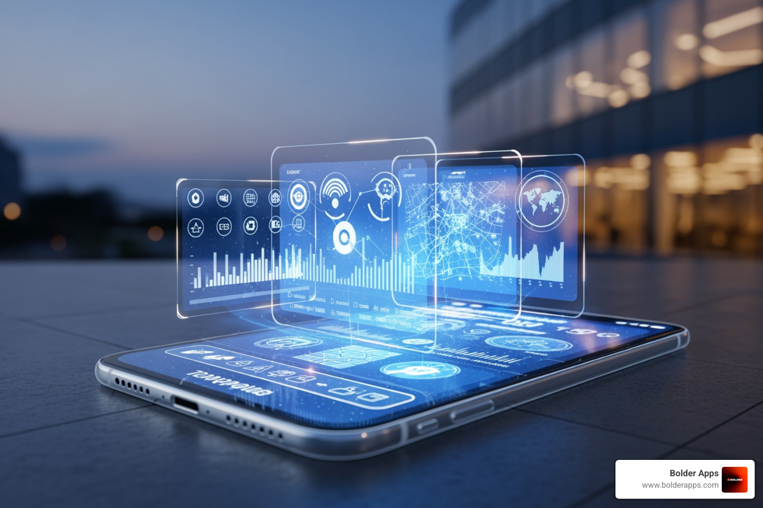 futuristic mobile interface with holographic overlays - The 10 Mobile App Development Trends Dominating 2026: A Bolder Apps Executive Forecast