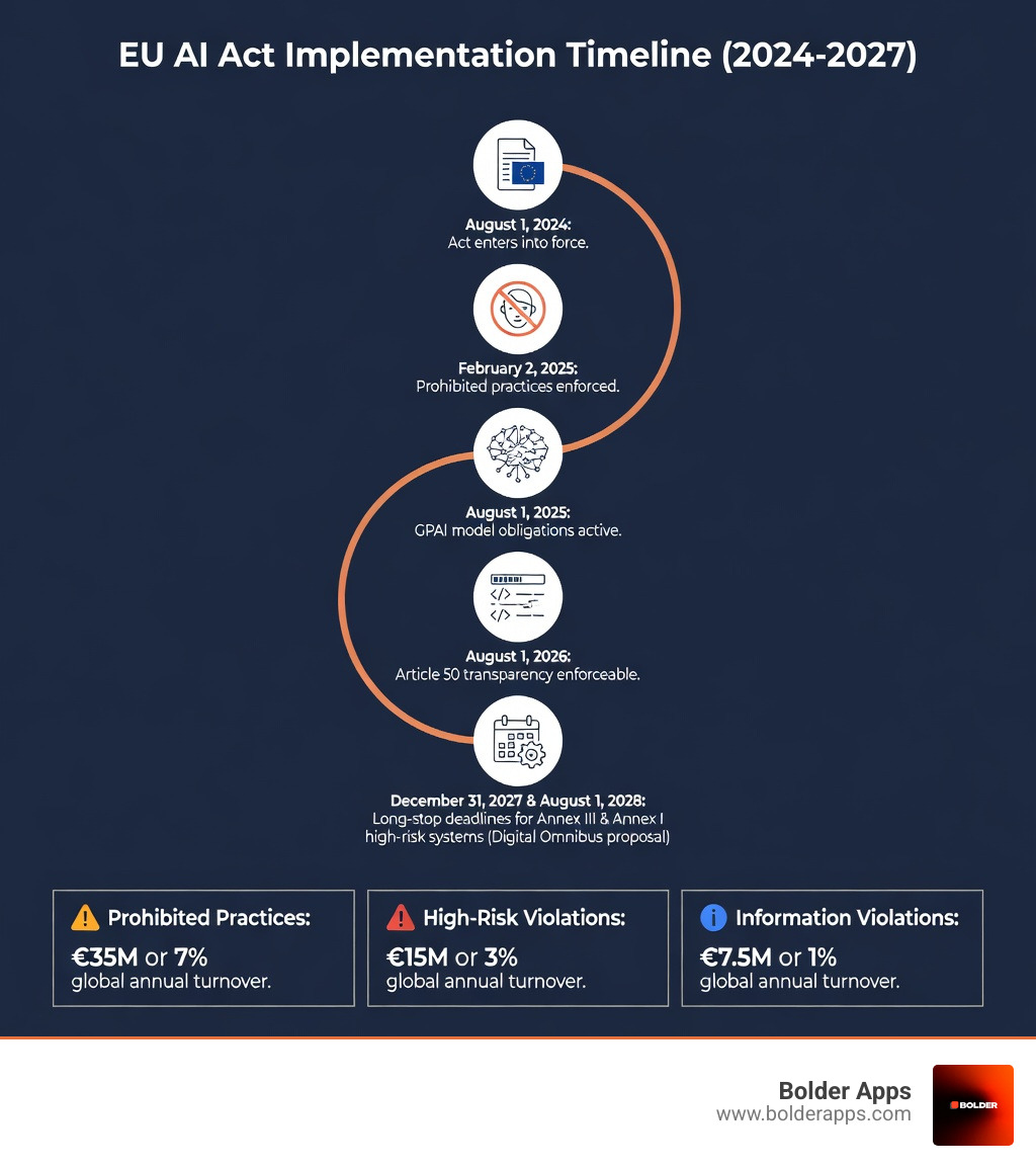 EU AI Act implementation timeline infographic from 2024 to 2027, showing key milestones: August 2024 Act enters force, February 2025 prohibited practices enforced, August 2025 GPAI model obligations active, August 2026 Article 50 transparency enforceable, December 2027 and August 2028 long-stop deadlines for Annex III and Annex I high-risk systems under the Digital Omnibus proposal, with penalty tiers of €35M/7% turnover for prohibited practices, €15M/3% for high-risk violations, and €7.5M/1% for information violations - The Compliance Cliff: Why 2025’s Apps Failed the New AI Act and How to Build for 2026 Regulations infographic 