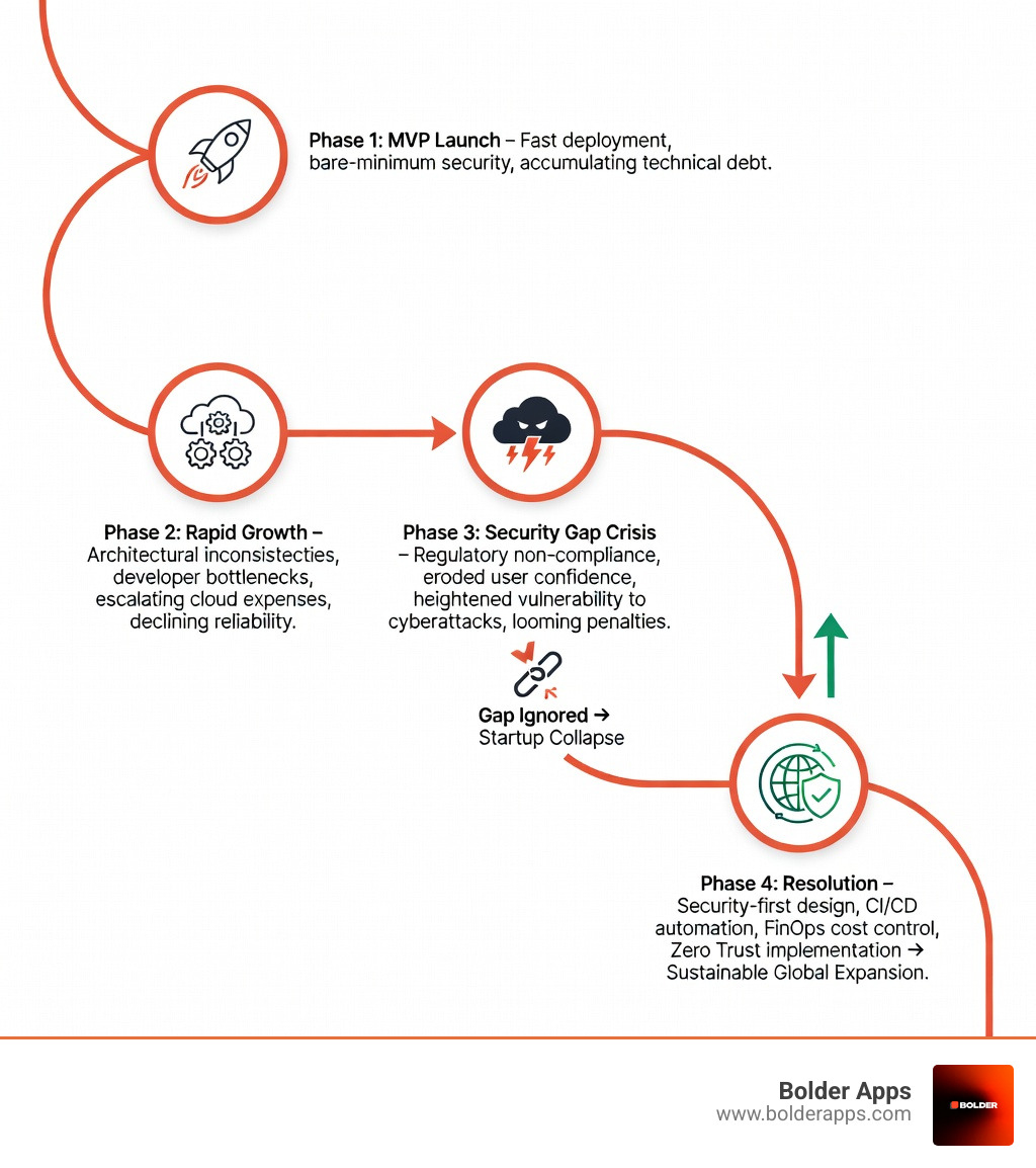Infographic showing the Security Gap lifecycle from MVP launch through rapid growth to global scale: Phase 1 MVP - fast shipping, minimal security, technical debt accumulates; Phase 2 Growth - architectural drift, developer friction, rising cloud costs, reliability dips; Phase 3 Security Gap Crisis - compliance failures, user trust erosion, cyberattack exposure, potential fines; Phase 4 Resolution - security by design, automated delivery, FinOps governance, Zero Trust architecture; outcome arrows showing two paths: Gap Ignored leads to startup failure, Gap Closed leads to sustainable global scale - From MVP to Global Scale: Navigating the 'Security Gap' That Kills Rapidly Growing Startups infographic infographic-line-5-steps-colors