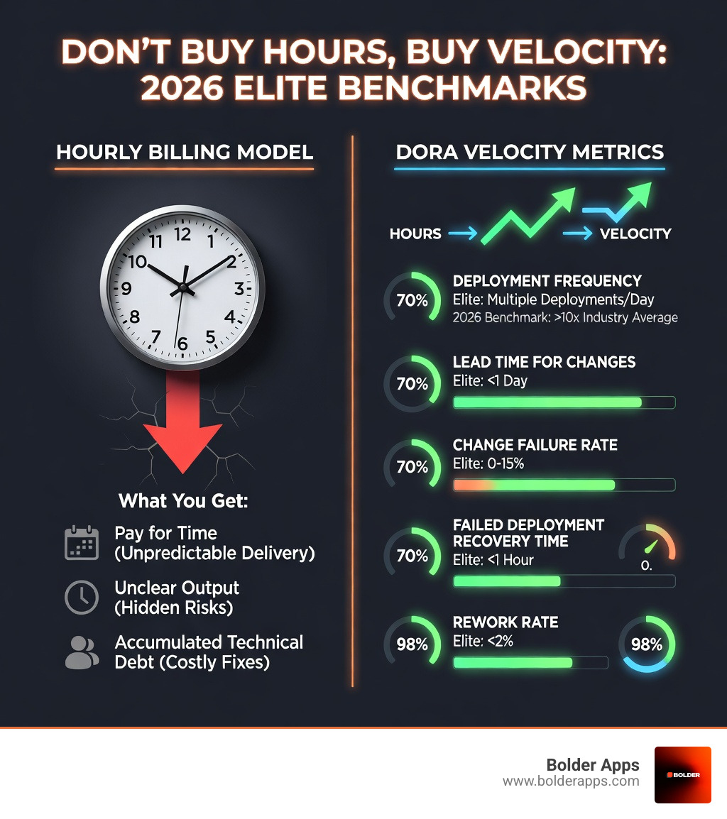 Infographic comparing hourly billing model vs DORA velocity metrics with elite benchmarks for 2026 - Don't Buy Hours, Buy
