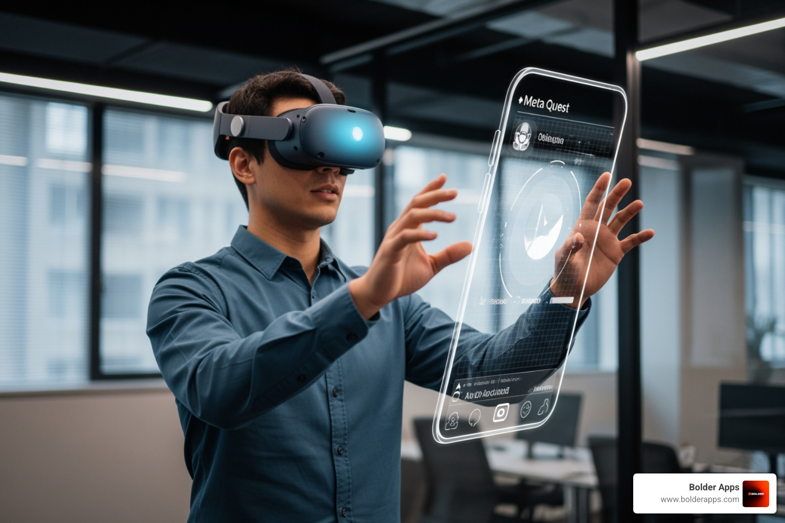 developer using spatial headset manipulating floating mobile app interface visionOS Meta Quest 2026 - Designing for Spatial