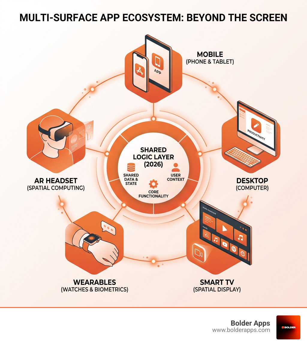 Multi-surface app ecosystem infographic showing mobile, AR headset, wearables, smart TV, and desktop with shared logic layer Multi-surface app ecosystem infographic showing mobile, AR headset, wearables, smart TV, and desktop with shared logic layer