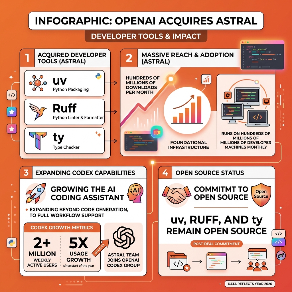Infographic: OpenAI acquires Astral — tools, download stats, Codex metrics, and open source status - OpenAI acquires Astral Infographic: OpenAI acquires Astral — tools, download stats, Codex metrics, and open source status - OpenAI acquires Astral
