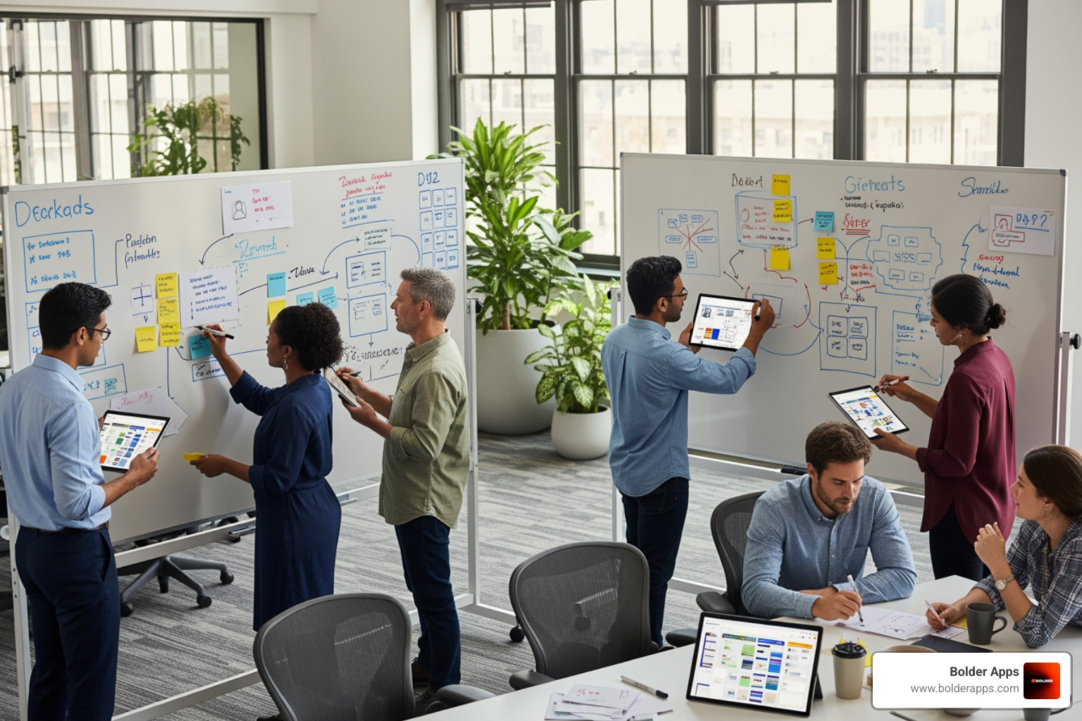 A collaborative design sprint where senior designers and stakeholders use whiteboards and digital tools to map out user journeys and product architecture - interface design service