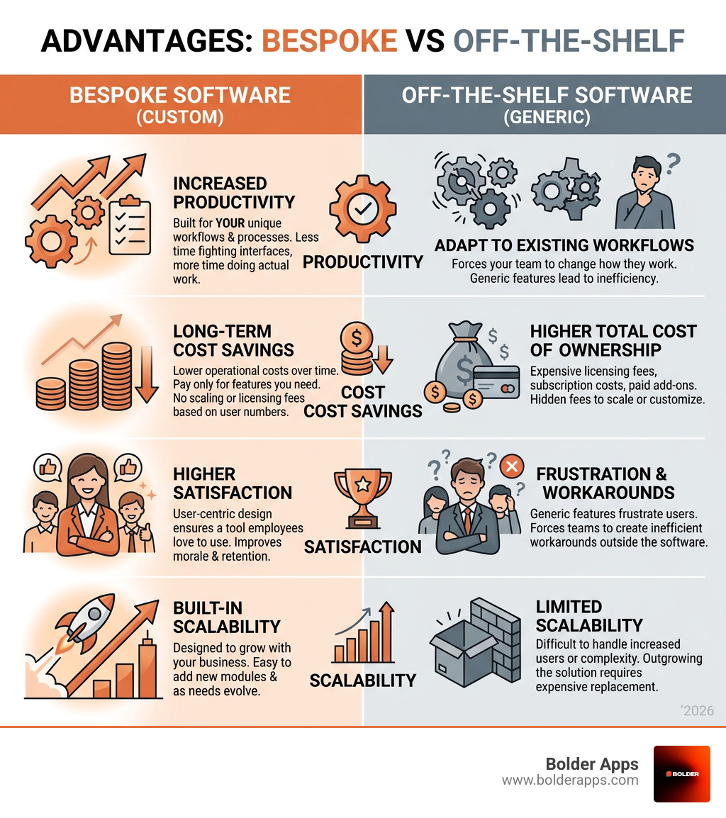 Bespoke software advantages vs off-the-shelf: productivity, cost savings, satisfaction, and scalability - bespoke software
