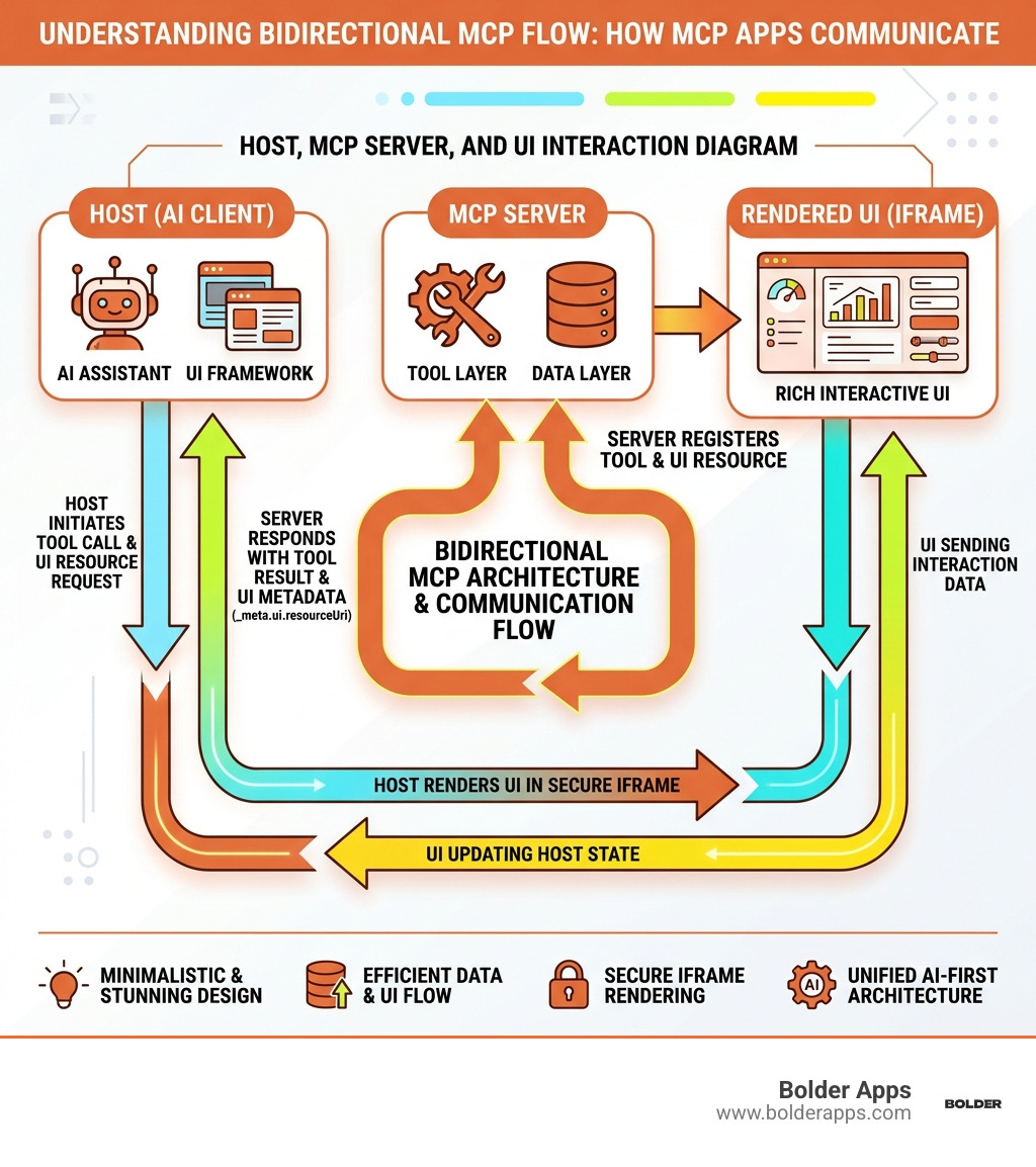 Bidirectional MCP architecture diagram showing host, MCP server, and UI communication flow - MCP app development infographic 