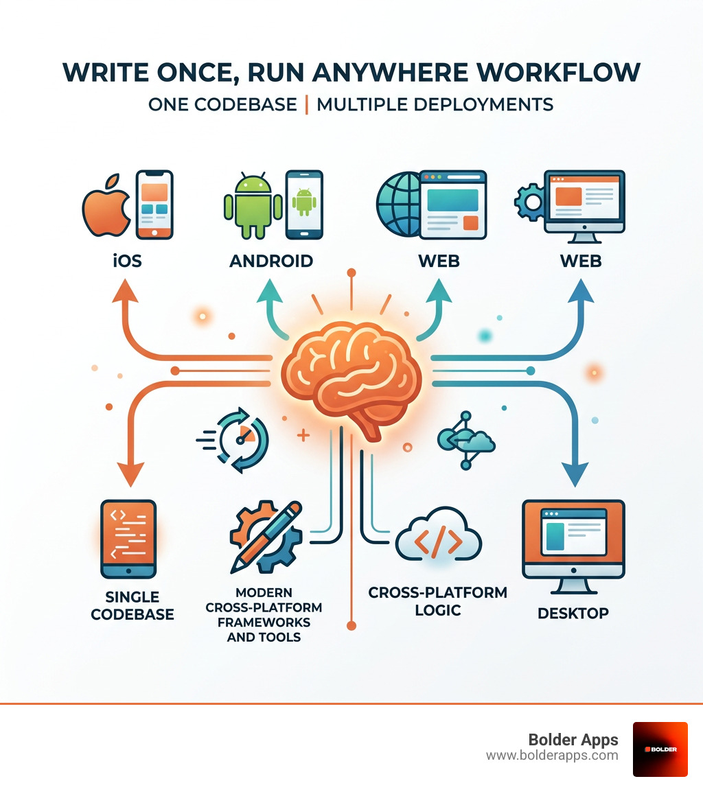 Write Once Run Anywhere cross-platform workflow infographic showing single codebase deploying to iOS Android Web Desktop Write Once Run Anywhere cross-platform workflow infographic showing single codebase deploying to iOS Android Web Desktop