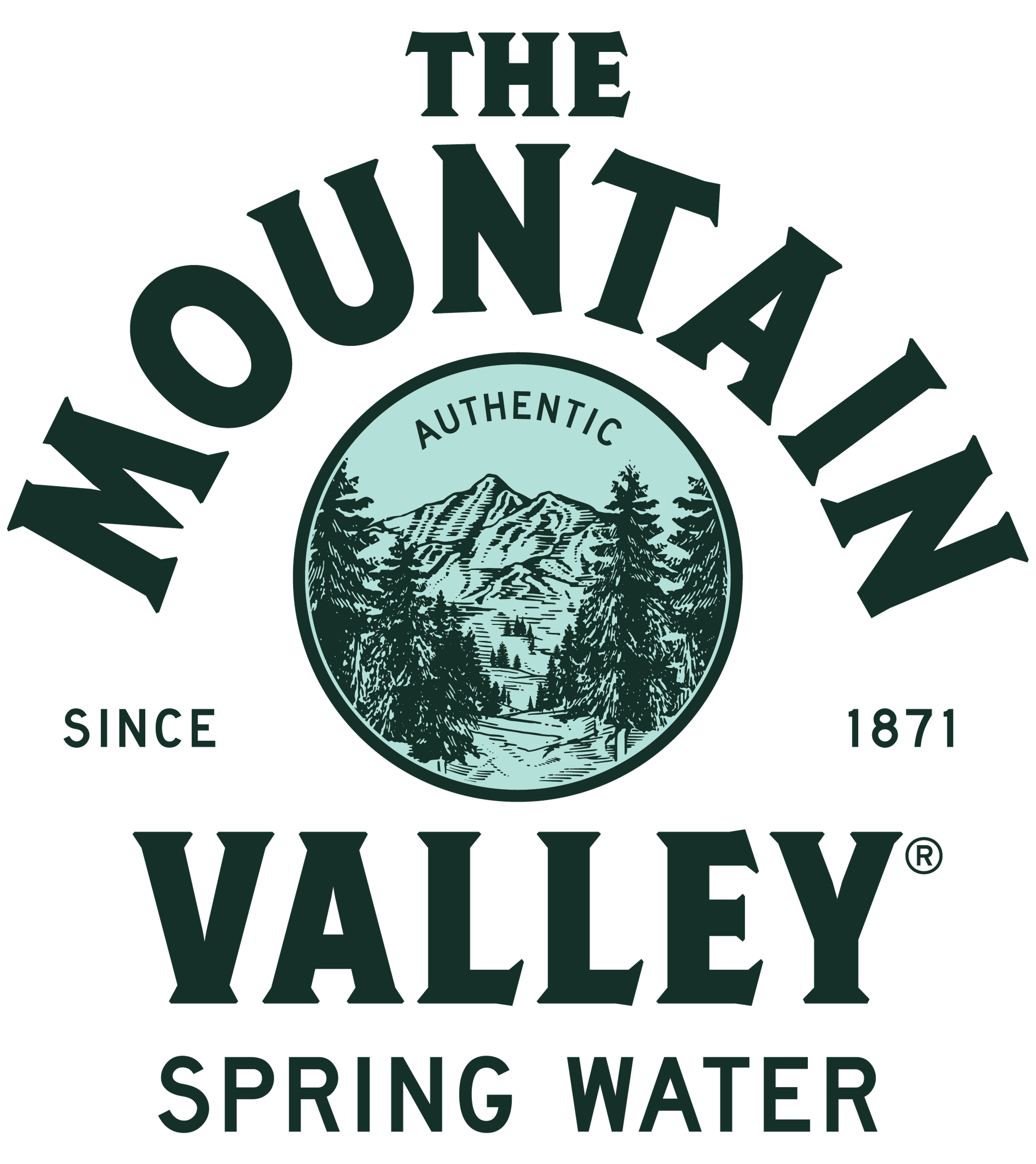 The Mountain Valley Spring Water logo featuring a circular illustration of mountains and pine trees with the text 'Authentic, Since 1871'.