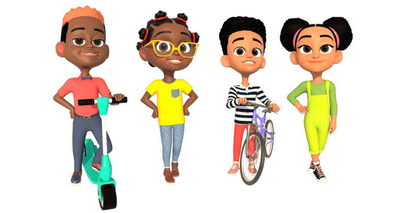 Four children smiling, one with an electric scooter, one with glasses and braids, one holding a bicycle, and one wearing bright yellow overalls.