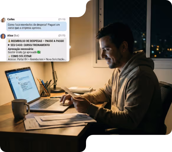 A Alice - IA Corporativa e segura da MMCafé ajudando na Dúvida de funcionário Fora do Horário Comercial