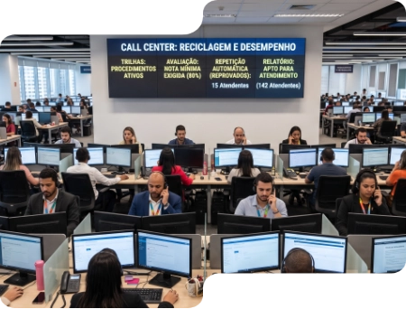 Call Center: Reciclagem constante sem parar a operação. Trilhas por procedimento, avaliação com nota mínima, repetição automática de quem não passou e relatórios de quem está apto. Reduza o tempo de onboarding do atendente e comprove aptidão para auditoria.