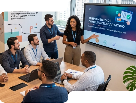 Treinamento contínuo:  Capacitação que não vira PowerPoint esquecido. Cursos em qualquer formato, trilhas adaptativas por IA, certificação com validação por QR e trilha de auditoria completa para compliance. 