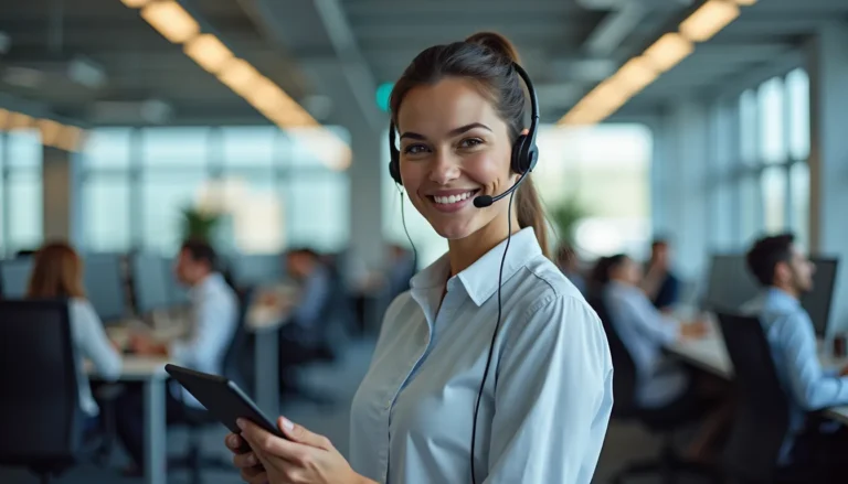 Imagem de inteligência artificial de uma mulher branca de cabelo castanho com um rabo de cavalo e um headfone.
