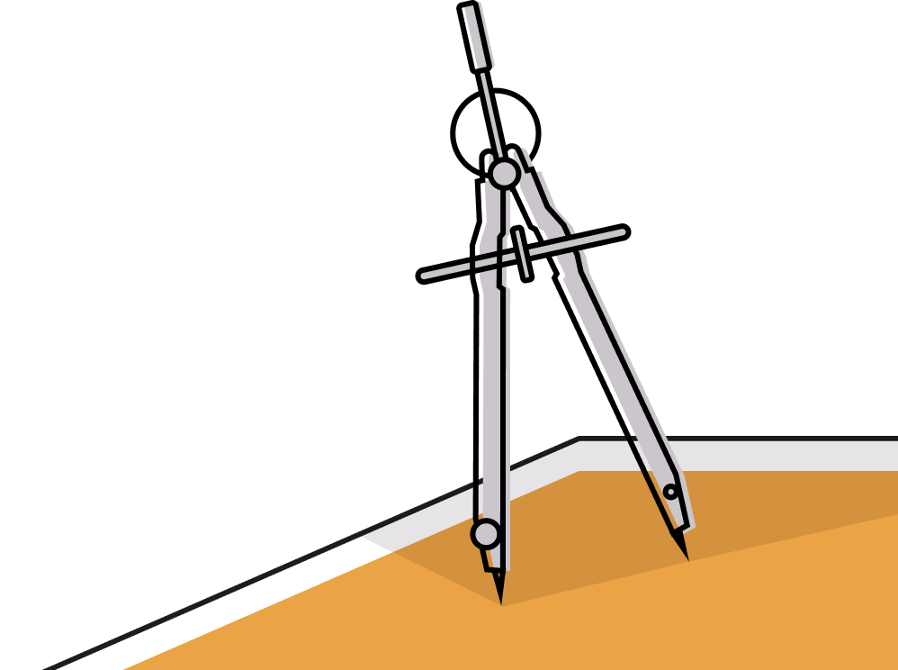 Kružítko stojící na okraji oranžového listu papíru s bílým okrajem.