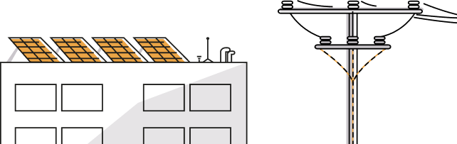 Budova s několika solárními panely na střeše vedle elektrického sloupu s vodiči.