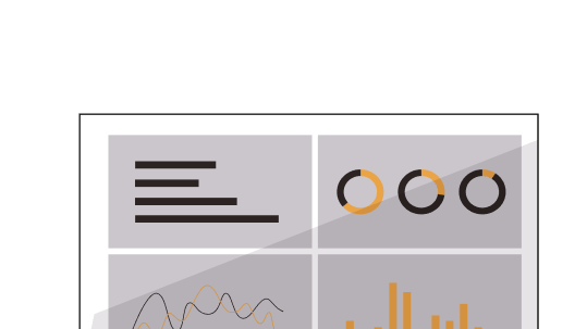 Webová stránka nebo aplikace s dashboardem zobrazující text, tři kruhové grafy, křivkový a sloupcový graf.