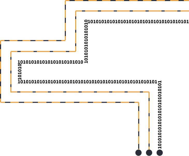 Skládaný schématický diagram s čárkovanými žlutými a černými linkami a řadou černobílých binárních čísel podél čar, končící třemi černými tečkami dole.