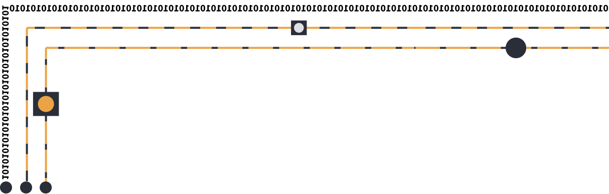 Schéma znázorňující digitální signál vystupující z čipu, znázorněné pomocí propojených černých a oranžových čar a bodů.