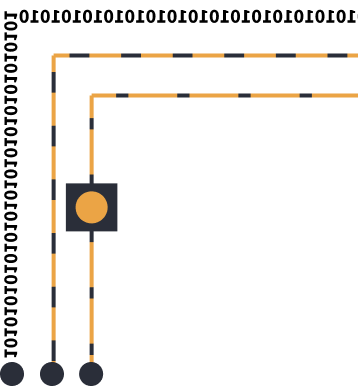 Ilustrace čipové desky s oranžovými a černými trasami spojujícími tři body do pravého úhlu.