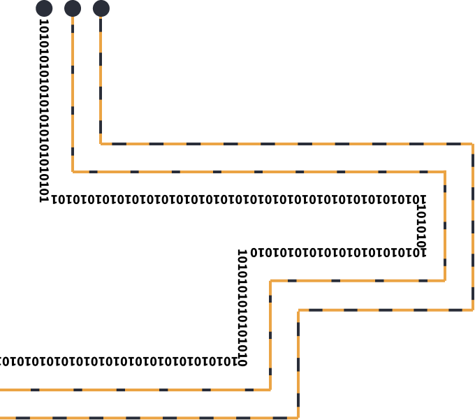Schéma tří propojených drátů s černými a oranžovými přerušovanými vzory a zakončené černými kruhy vlevo nahoře.
