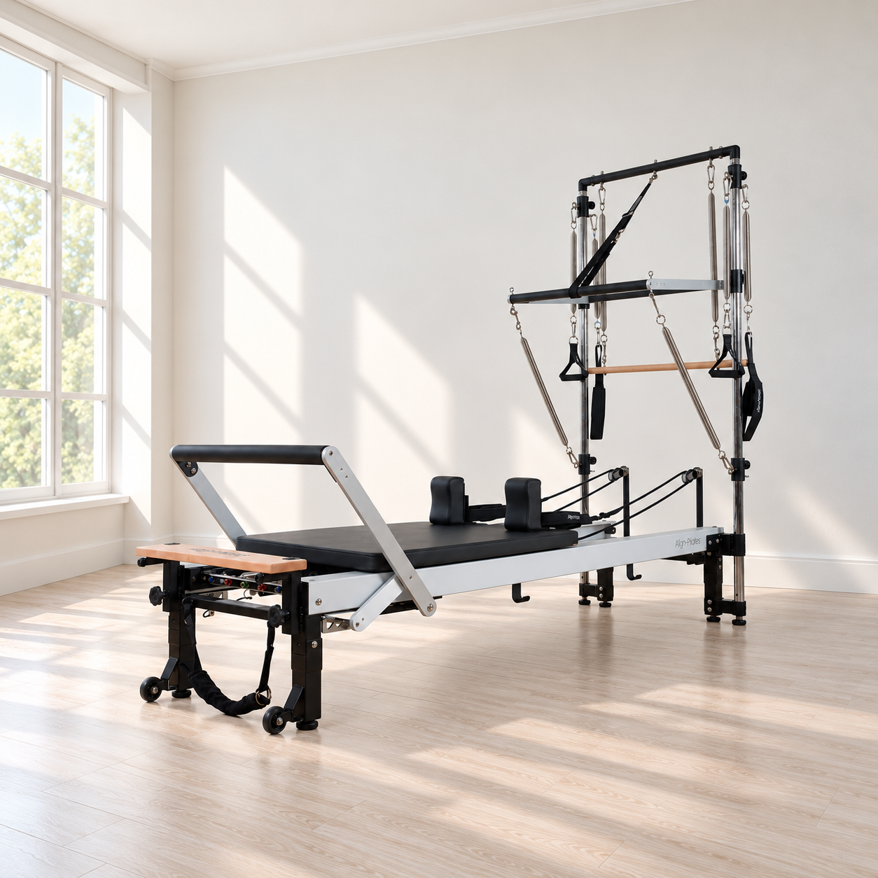 Align-Pilates Half Cadillac fitted to a C8 Pro reformer in a bright studio