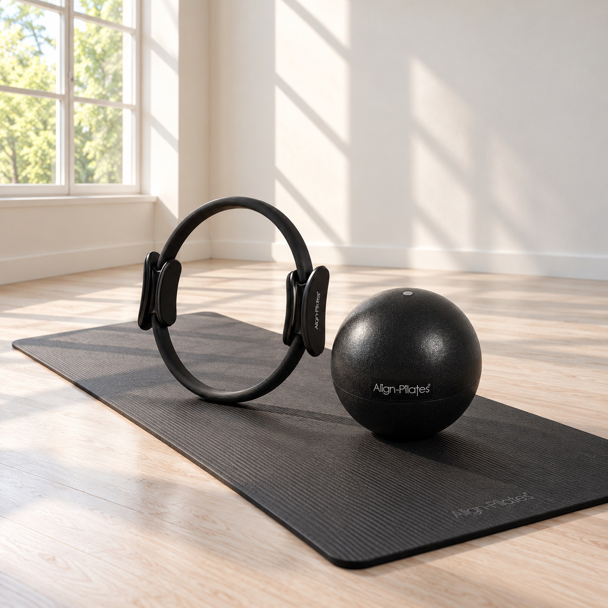 Full bundle: Pilates ring, ball and mat in a bright studio