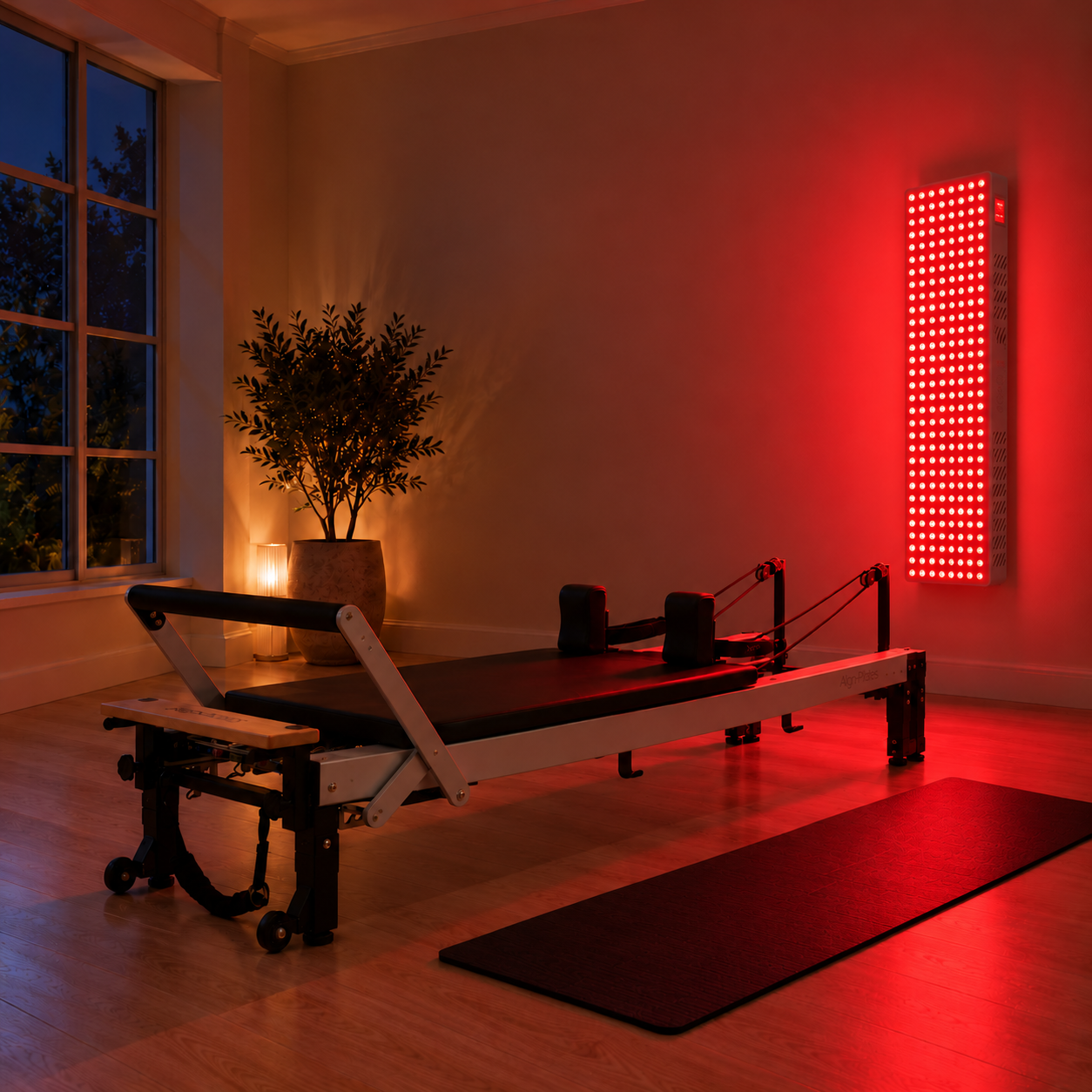 Pilates reformer in a dim studio bathed in red light from a wall-mounted red light therapy panel at night