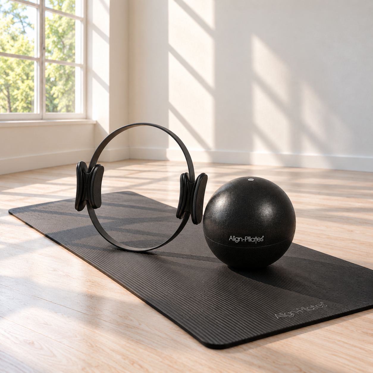 Full bundle with Pro ring: Pilates ring, ball and mat in a sunlit studio