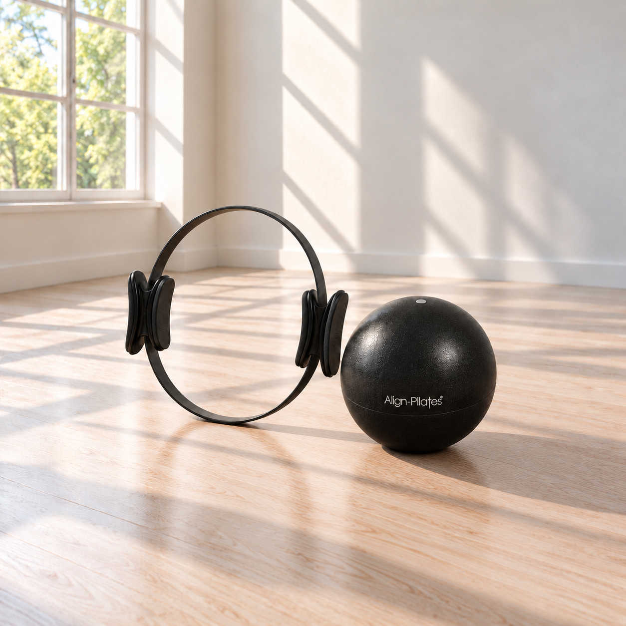 Half bundle with Pro ring: Pilates ring and ball in a sunlit studio