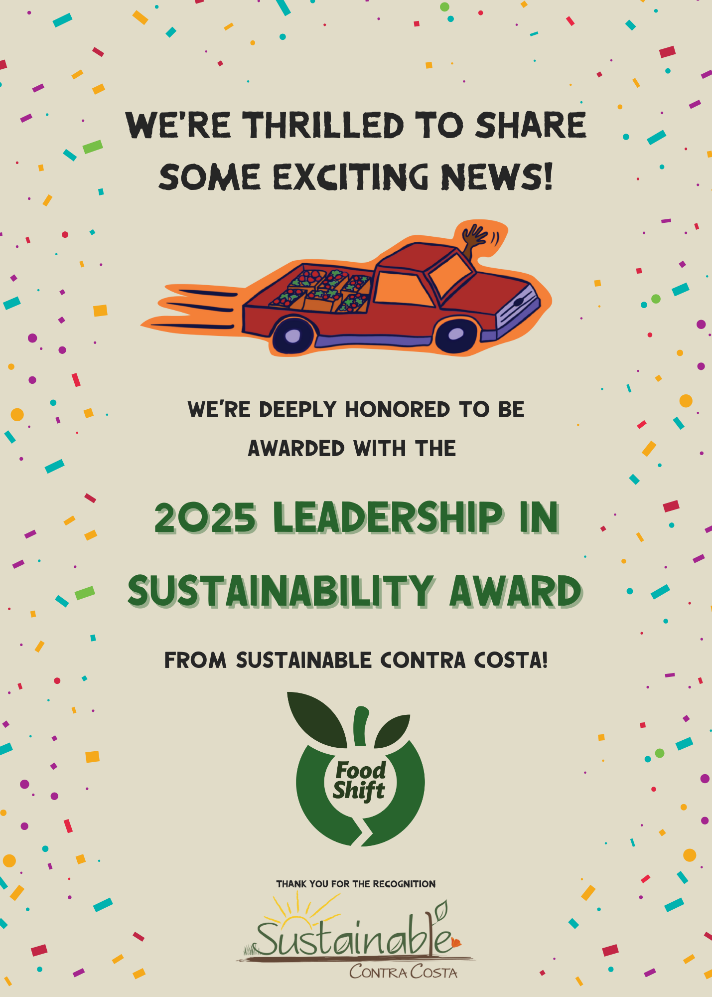 Announcement of receiving 2025 Leadership in Sustainability Award from Sustainable Contra Costa with illustrated red truck carrying produce.